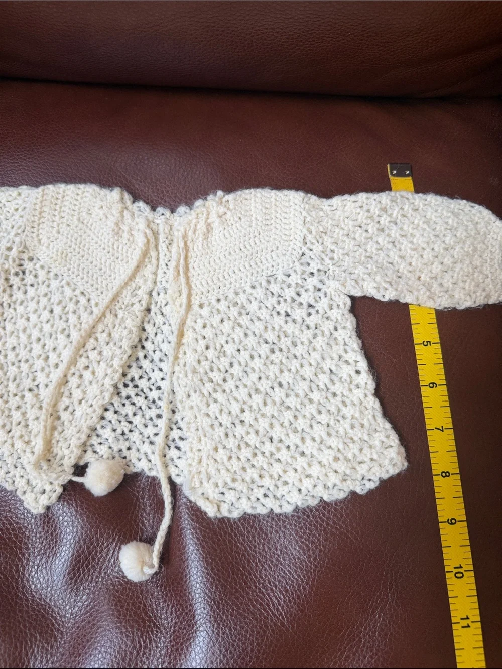 1950’s Cream Knit Open-Front Baby Sweater with Pom Tie